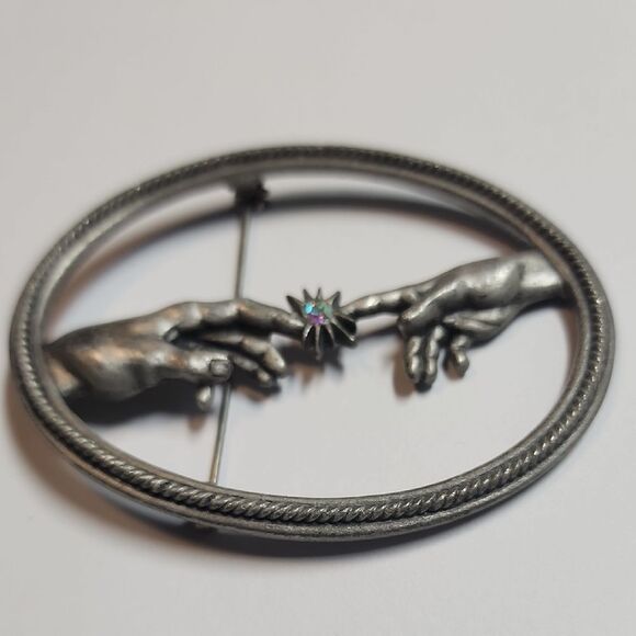 Vtg JJ Silver Tone Creation of Adam Eve Da Vinci Hand of God Oval Pin Brooch, 3" - Picture 1 of 2